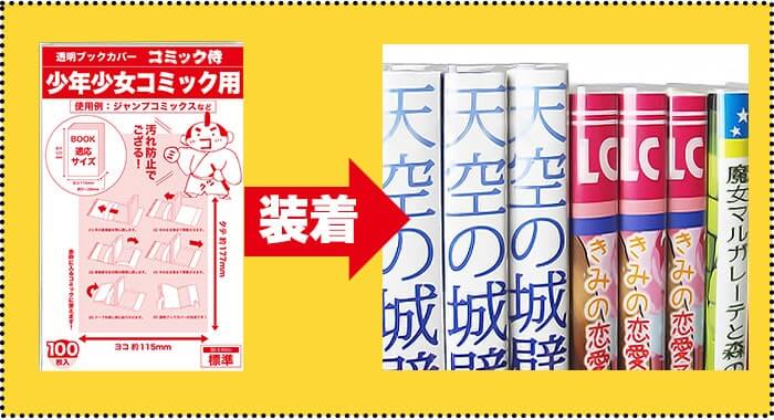 コミック侍の透明ブックカバーの装着イメージ